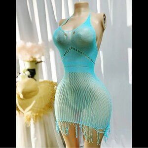 Aqua Blue Fishnet Crop Bodycon Dress Cover Up